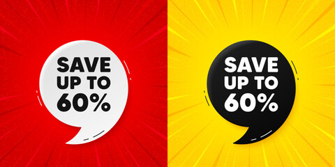 Save up to 60 percent. Flash offer banner with quote. Discount Sale offer price sign. Special offer symbol. Starburst beam banner. Discount speech bubble. Vector