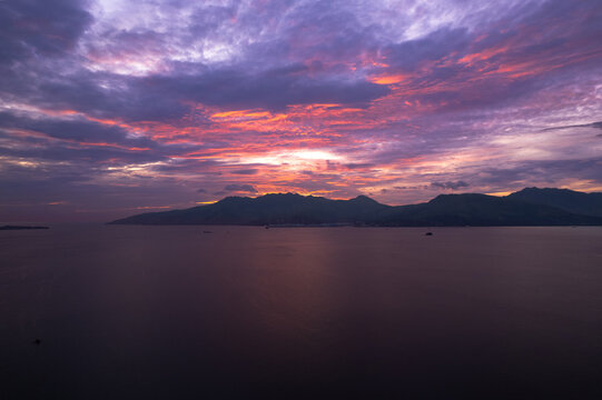 Aerial shot of a sunset over Subic Bay in the Philippines