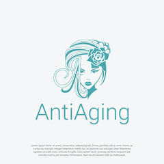 Beauty salon, cosmetics, spa logo. Beautiful elegant woman silhouette with ornamental hair, anti aging with letter A in woman or girl face for Anti aging