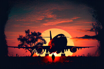 Civilian passenger plane is on runway. Sunset silhouette.