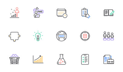Equality, Calendar and Interview line icons for website, printing. Collection of Fake internet, Feedback, Idea icons. Coal trolley, Vacancy, Calculator target web elements. Graph chart. Vector