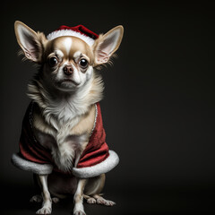 Cute and funny Christmas card of a small Chihuahua dog dressed as Santa Claus on a dark background with copy space, Generative AI