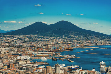 Old city of Naples and volcano Vesuvius.