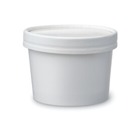 Front view of white disposable paper cup with lid