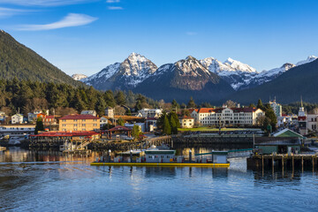 Winter view of Sitka Harbour with Gavan Hill and The Sisters mountains in background; Sitka, Alaska, United States of America