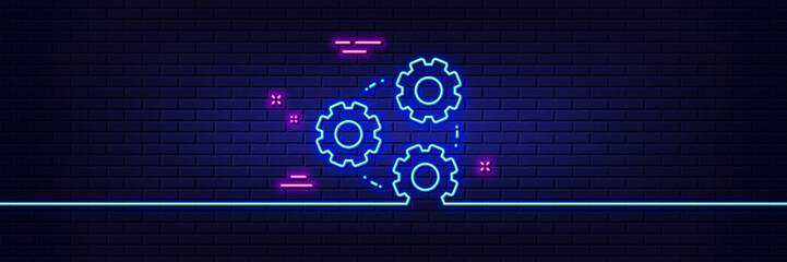 Neon light glow effect. Gears line icon. Teamwork cogwheel sign. Working process symbol. 3d line neon glow icon. Brick wall banner. Gears outline. Vector