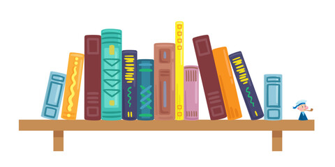 Shelf with different books. In cartoon style. Isolated on white background. Vector flat illustration