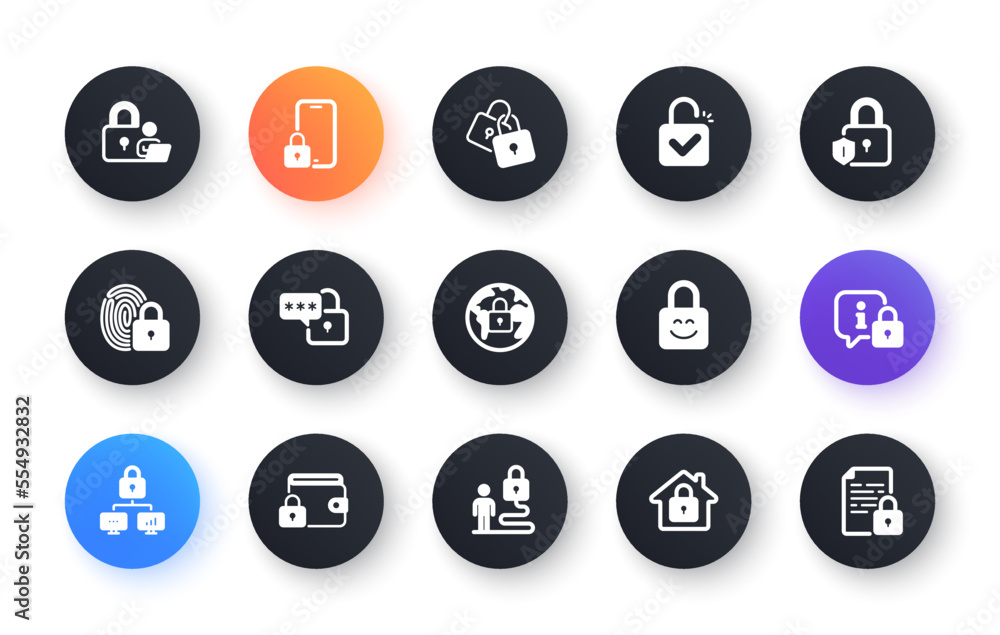 Poster locks icons. fingerprint protection, unlock code and lock password icons. open padlock, locked docum