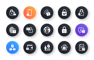 Locks icons. Fingerprint protection, Unlock code and Lock password icons. Open padlock, Locked document and Network lock. Online wallet, Fingerprint access and info protection. Vector