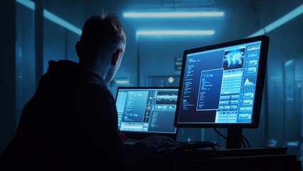 Computer Hacker in Hoodie. Obscured Dark Face. Concept of Hacker Attack, Virus Infected Software, Dark Web and Cyber Security.