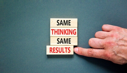 Same thinking and results symbol. Concept word Same thinking same results on wooden blocks. Beautiful grey table grey background. Business and same thinking and results concept. Copy space.