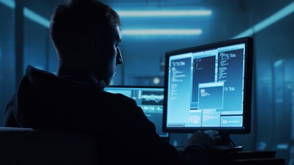 Computer Hacker in Hoodie. Obscured Dark Face. Concept of Hacker Attack, Virus Infected Software, Dark Web and Cyber Security.