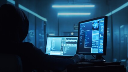 Computer Hacker in Hoodie. Obscured Dark Face. Concept of Hacker Attack, Virus Infected Software, Dark Web and Cyber Security.