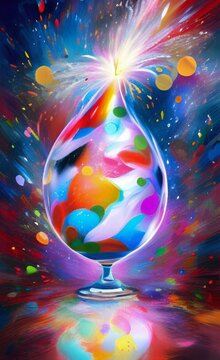 Happy New Year! A festive theme for celebration with fireworks and champagne. Bright vivid image with colorful background. AI-generated image, digital painting, vertical format.