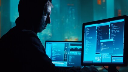 Computer Hacker in Hoodie. Obscured Dark Face. Concept of Hacker Attack, Virus Infected Software, Dark Web and Cyber Security.
