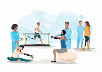 People after amputation are undergoing rehabilitation in a medical center. People, together with the doctor, learn to run and walk on a prosthetic leg and manage a prosthetic arm. Vector illustration