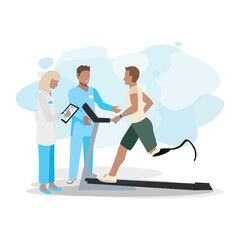 A man with a prosthetic leg undergoes rehabilitation at a medical center. A man after an amputation, together with a doctor, learns to run on a prosthetic leg. Vector illustration