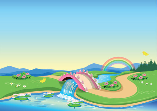 Fairytale background with a pink bridge, path and flower meadows. Landscape with a bridge decorated with openwork lanterns. Vector illustration for a fairy tale.