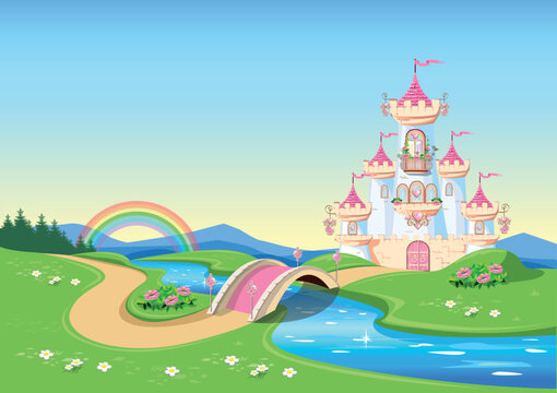 Fairytale background with beautiful princess pink castle. A castle with pink jeweled hearts, towers, a bridge over a river and a footpath in a beautiful landscape. Vector illustration for a fairy tale