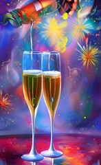 Happy New Year! A festive theme for celebration with fireworks and champagne. Bright vivid image with colorful background. AI-generated image, digital painting, vertical format.