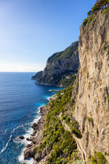 Rocky Coast by Sea at Touristic Town on Capri Island in Bay of Naples, Italy. Sunny Day.