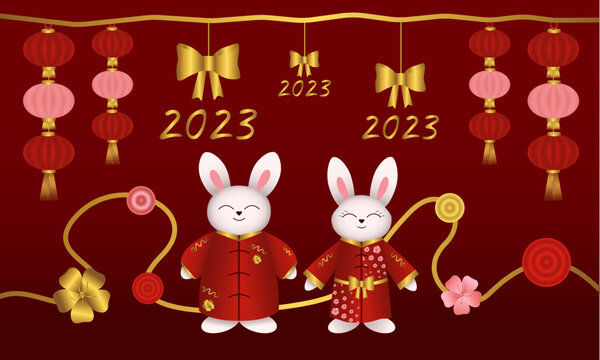 Chinese New Year. Rabbits, Bunnies, Hare In Red Kimono, Lanterns, Bow, 2023, Monet Vector Illustration.