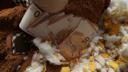 gold, jewels and money found in the middle of a plush toy