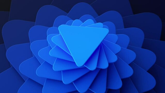 endless 3d animation, abstract geometric minimalist background, blue triangular cards with rounded corners twisting and rotating clockwise. Shifting layers