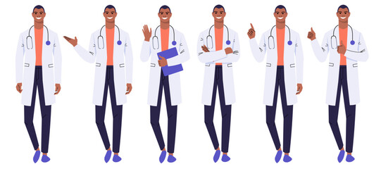 Black male doctor standing in different poses. Man in a white coat and a stethoscope. The doctor shows with his hand, hands folded, thumbs up, instructs, congratulates. Flat vector isolated on white.