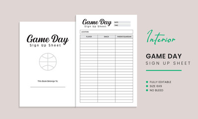 Game day Sign Up Sheet KDP Interior Template