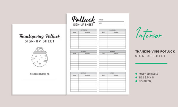Thanksgiving Potluck Sign Up Sheet KDP Interior Template