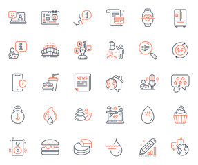 Business icons set. Included icon as World communication, Money currency and Ranking star web elements. Burger, Refrigerator, Hydroelectricity icons. Spa stones, Edit statistics. Vector