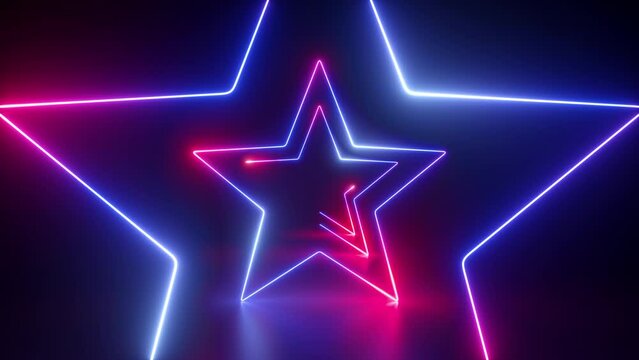 looping 3d animation, abstract background with red blue geometric neon stars. Light drawing. Glowing lines appear in the dark