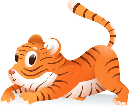 recommend clip art: Cute playful baby tiger cartoon animal illustration for children. Little curious crawling sneaky tiger playing, zoo and educational clip art for kids. Vector graphics.