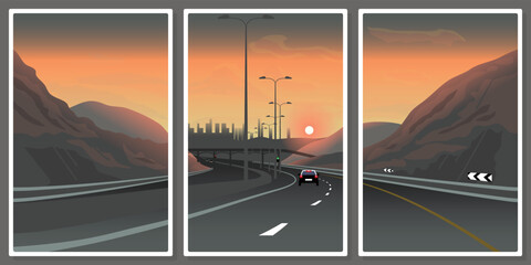 Frames with highway in the mountains at sunset, wall art vector set - for wall framed prints, canvas prints, poster, home decor