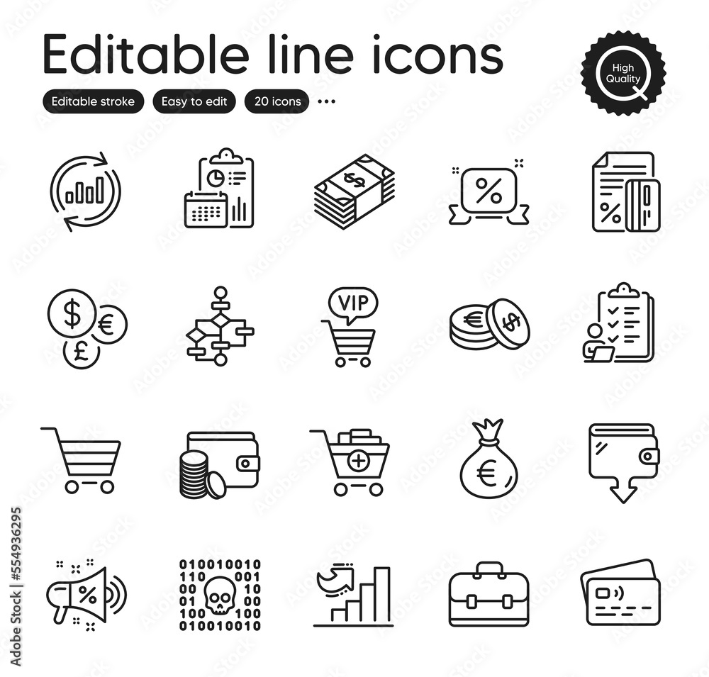 Poster set of finance outline icons. contains icons as payment method, block diagram and money bag elements
