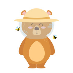Cute bear collects honey. Bear beekeeper in a straw hat. Cartoon bear with bees in flat style.