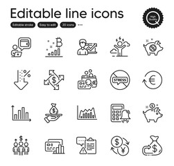 Set of Finance outline icons. Contains icons as Saving money, Exchange currency and Stop stress elements. Card, Loan, Currency exchange web signs. Cashback, Inspect, Meeting elements. Vector