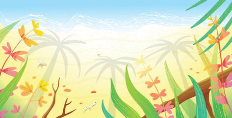 Fototapeta na wymiar Sand beach tropical seashore background. Seaside holidays and vacations, sandy beach with palm tree shade. Artistic vector background.