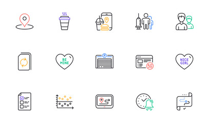 Dot plot, Couple and Update document line icons for website, printing. Collection of Be mine, Nice girl, Parking garage icons. Food app, Gps, Takeaway web elements. 5g internet. Vector