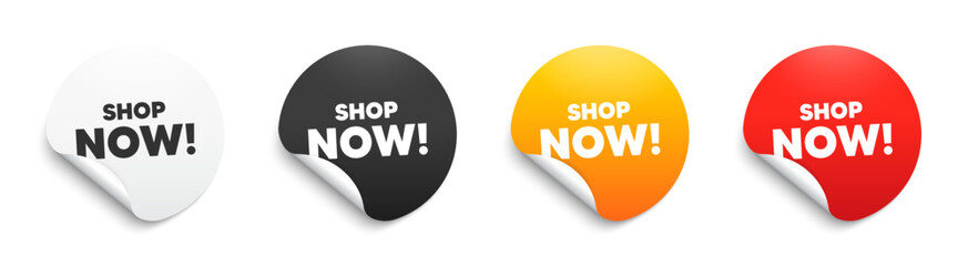 Shop now text. Round sticker badge with offer. Special offer sign. Retail Advertising symbol. Paper label banner. Shop now adhesive tag. Vector - obrazy, fototapety, plakaty