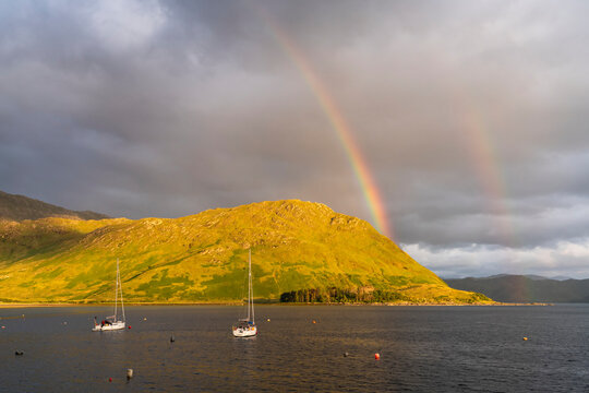 A rainbow spans the sky over Loch Nevis near Inverie, Scotland; Inverie, Scotland