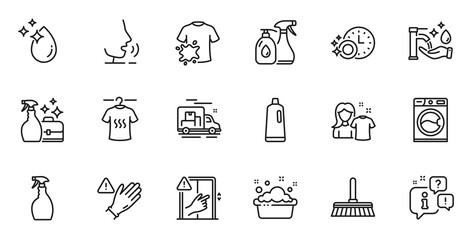 Outline set of Cleaning mop, Water drop and Dont touch line icons for web application. Talk, information, delivery truck outline icon. Include Dry t-shirt, Clean shirt, Cleaning liquids icons. Vector