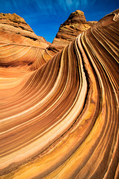 Close-up of The Wave, colorful sandstone rock formation of the Coyote Buttes in the Paria Canyon-Vermilion Cliffs Wilderness; Arizona, United States of America