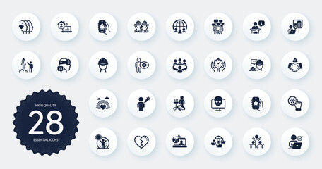 Set of People icons, such as Online chemistry, Cyber attack and Teamwork flat icons. Broken heart, Coronavirus protection, Launch project web elements. Favorite app, Bell alert. Circle buttons. Vector
