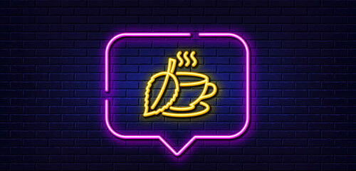 Neon light speech bubble. Mint Tea line icon. Fresh herbal beverage sign. Cup of drink symbol. Neon light background. Mint tea glow line. Brick wall banner. Vector © blankstock