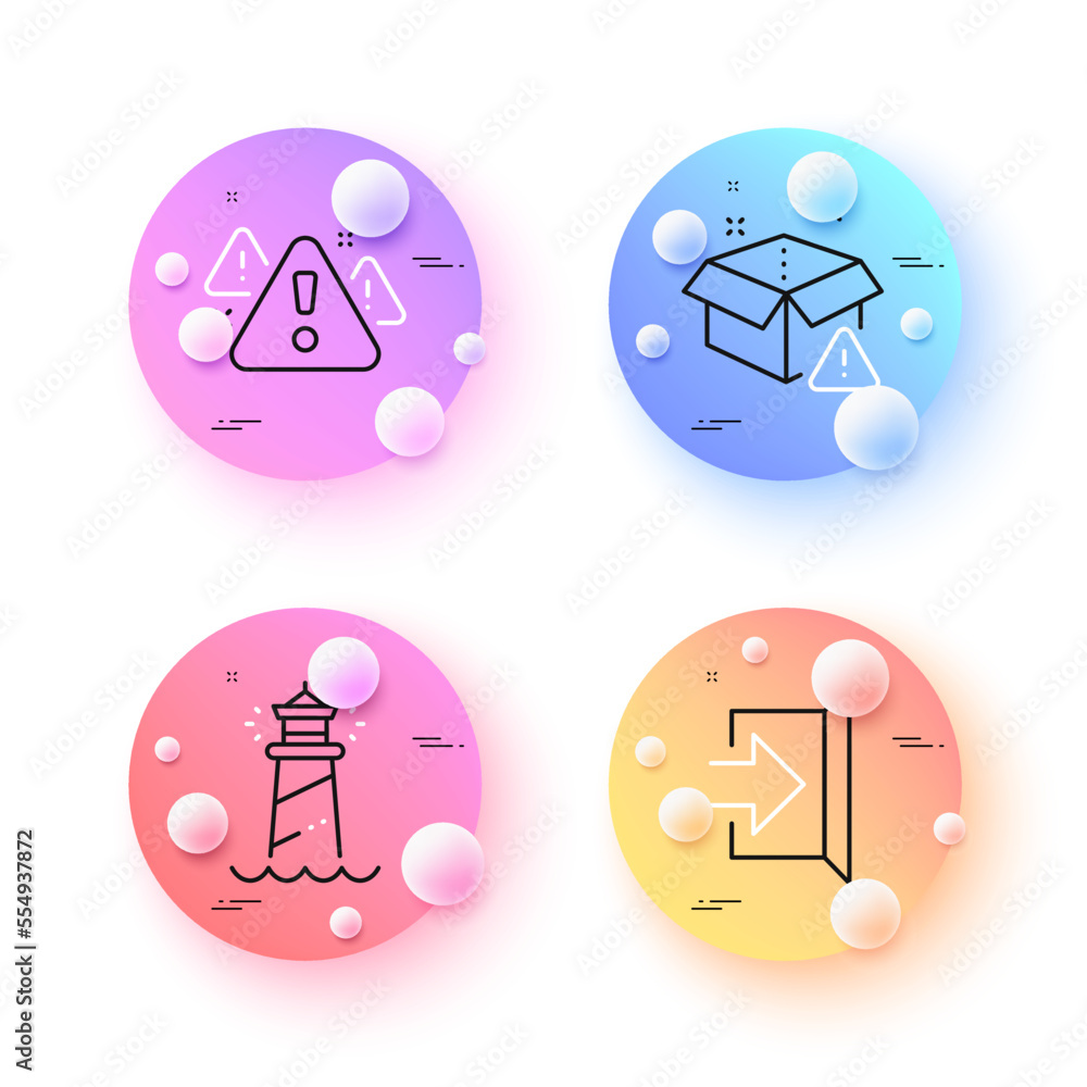 Poster warning, exit and delivery warning minimal line icons. 3d spheres or balls buttons. lighthouse icons