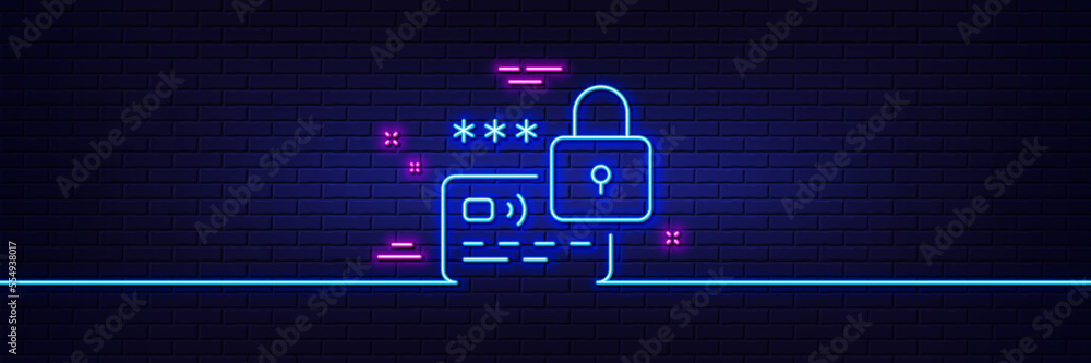 Poster neon light glow effect. lock line icon. protected credit card sign. password security symbol. 3d lin