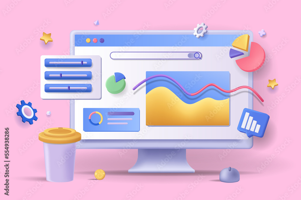 Poster online marketing concept 3d illustration. icon composition with statistics and data analysis at comp