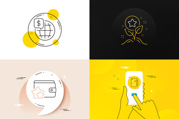 Minimal set of World money, Loyalty points and Loyalty program line icons. Phone screen, Quote banners. Report document icons. For web development. Global markets, Bonus grows, Bonus wallet. Vector
